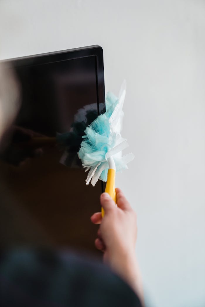 services-03 Close-up of a hand cleaning a TV screen with a blue feather duster indoors.